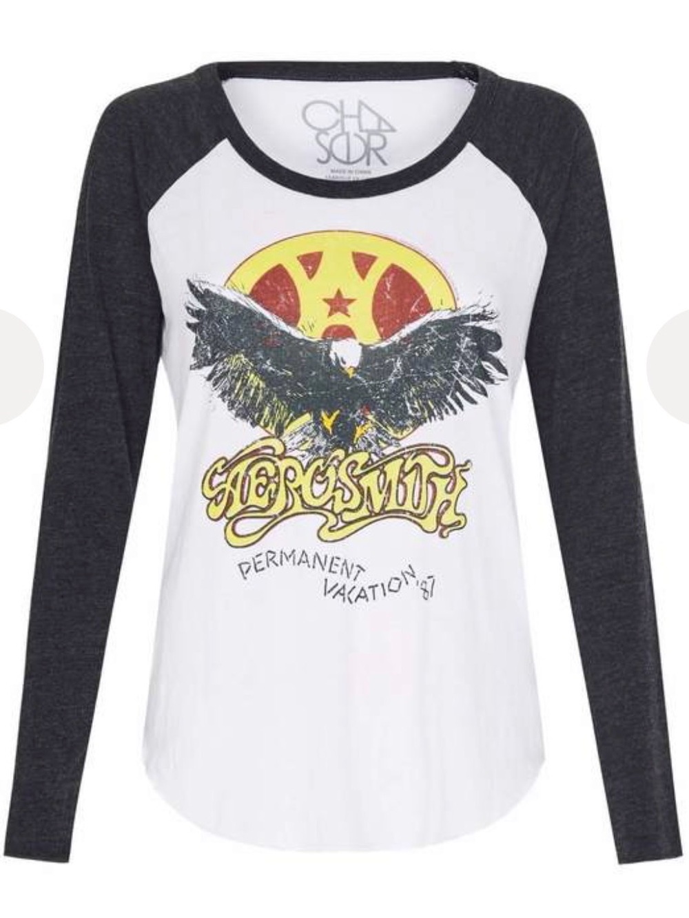 Chaser Women’s Aerosmith White & Charcoal Raglan Long Sleeve Tee with Eagle